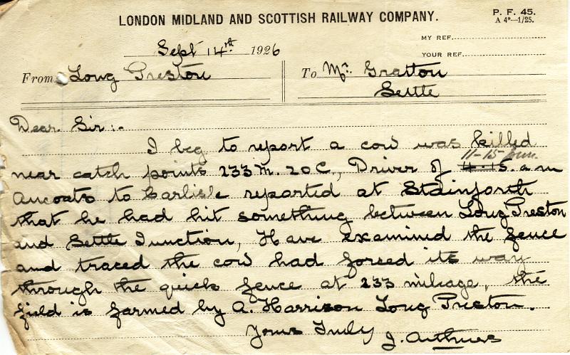 Cow Killed 3.jpg - Report of cow killed on line Sept 14th 1926